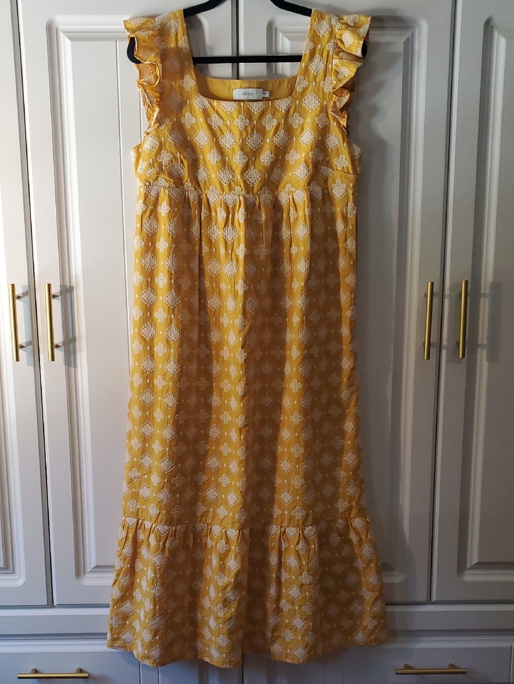 Greylin Yellow Dress with White Embroidered Lace Motif
